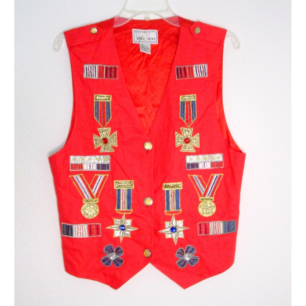 Vintage Erez Levy Embroidered Beaded Awards Badges Medal Red Linen Vest Size L